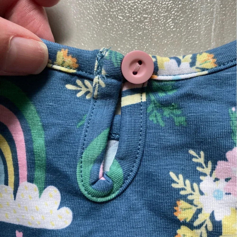 NWT RuffleButts Dark Blue & Pink Floral Rainbows Ruffles Bubble Romper, 0-3M